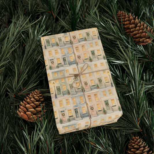 Brownstone Christmas Wrapping Paper, Watercolor Holiday Gift Wrap with Townhouses and Wreaths, Cozy City Christmas Wrapping Paper