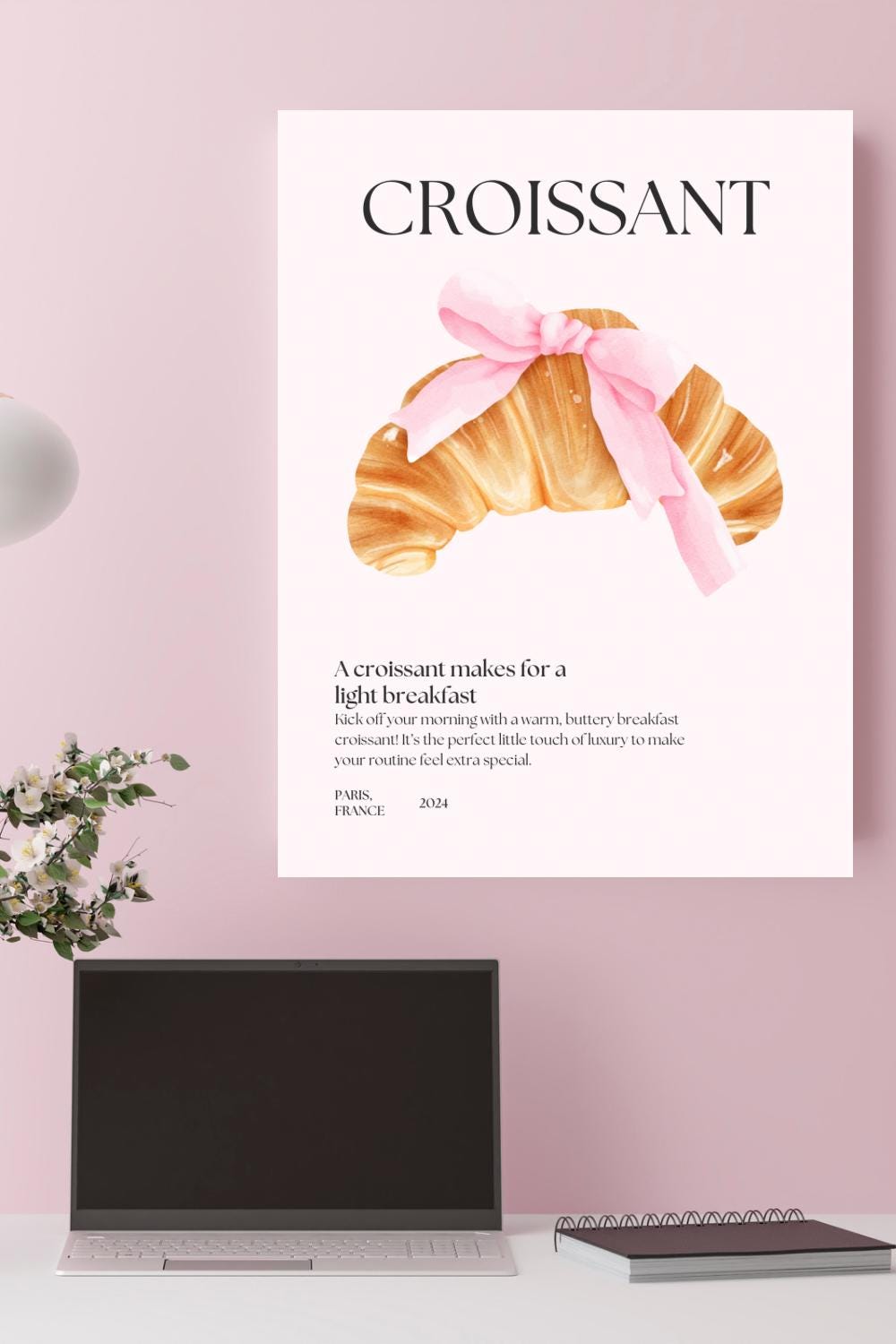 Cute Croissant Pink Bow Quote | Digital Download Art | Coquette Pink Trend Art | Breakfast Lover Wall Decor | Cute French Coffee Shop Decor