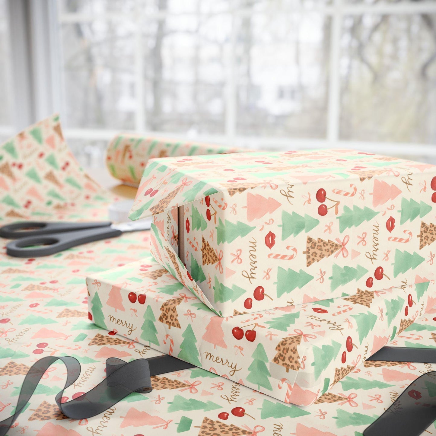 Coquette Christmas Wrapping Paper, Pink Holiday Gift Wrap with Cherries and Leopard Trees, Girly Aesthetic Wrapping Paper