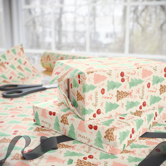 Coquette Christmas Wrapping Paper, Pink Holiday Gift Wrap with Cherries and Leopard Trees, Girly Aesthetic Wrapping Paper