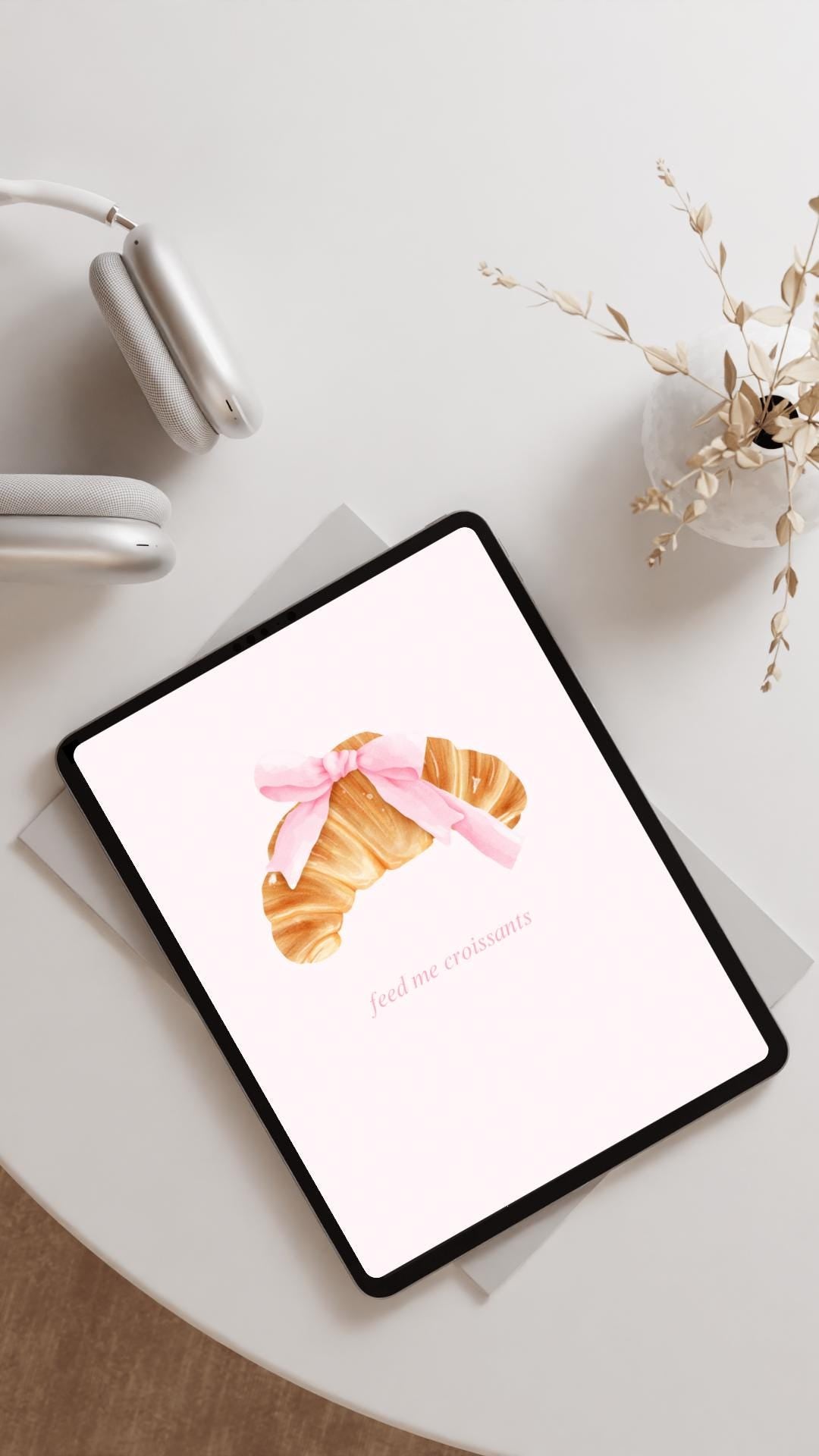 Croissant with Pink Bow Digital Download Poster | Cute Coquette Pink Trend Art | Breakfast Lover Wall Decor | Cute French Coffee Shop Decor