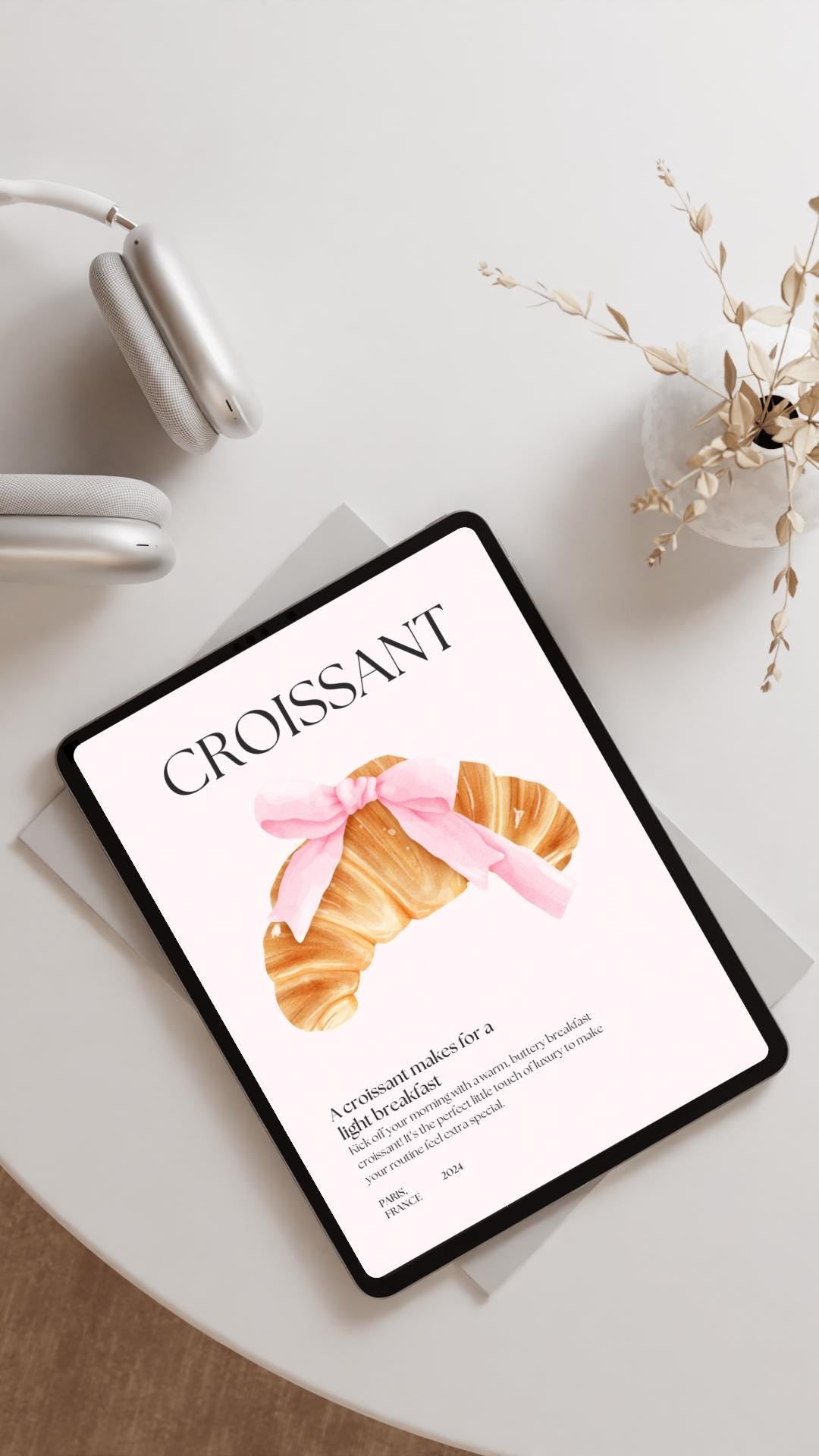 Cute Croissant Pink Bow Quote | Digital Download Art | Coquette Pink Trend Art | Breakfast Lover Wall Decor | Cute French Coffee Shop Decor