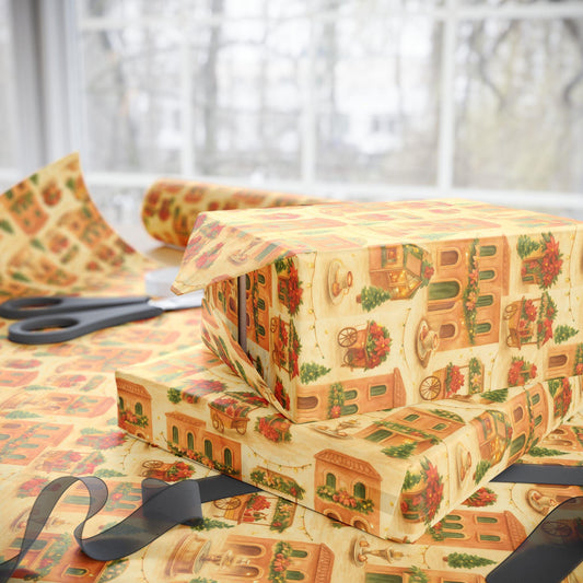 Tuscan Christmas Wrapping Paper, Cozy Italian Village Holiday Gift Wrap with Cafés and Christmas Trees, Warm Watercolor Wrapping Paper