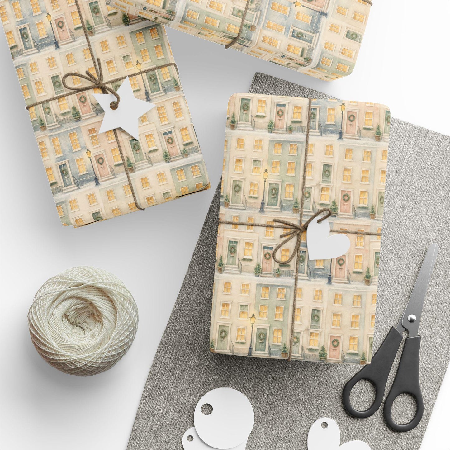 Brownstone Christmas Wrapping Paper, Watercolor Holiday Gift Wrap with Townhouses and Wreaths, Cozy City Christmas Wrapping Paper