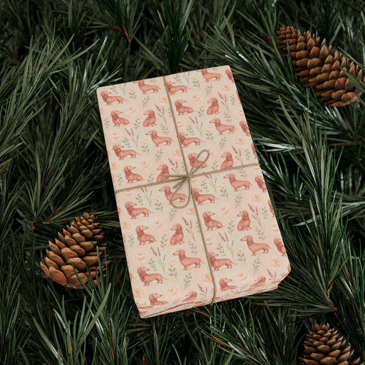 Watercolor Dachshund Christmas Wrapping Paper, Dachshunds & Soft Pastel Flowers, Cozy Christmas Aesthetic, Vintage Inspired Pattern