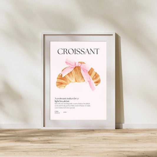 Cute Croissant Pink Bow Quote | Digital Download Art | Coquette Pink Trend Art | Breakfast Lover Wall Decor | Cute French Coffee Shop Decor