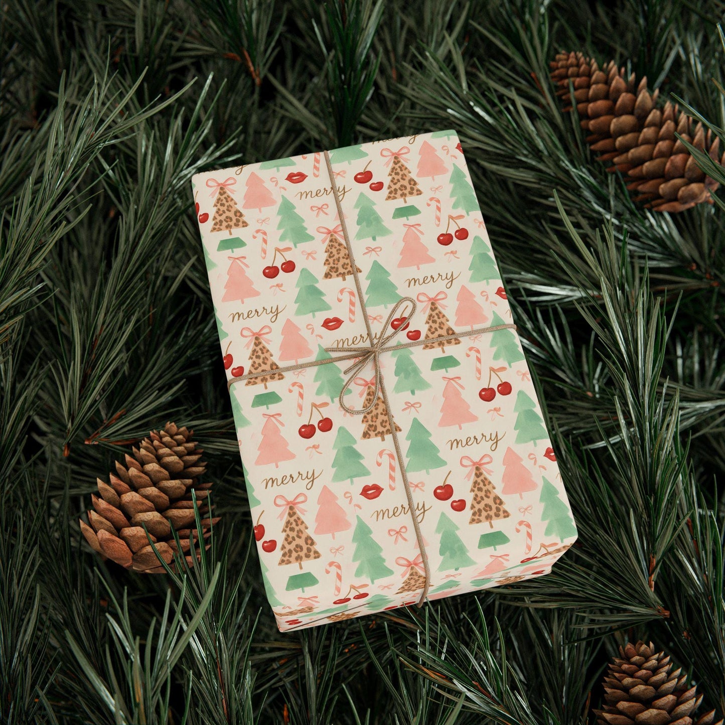 Coquette Christmas Wrapping Paper, Pink Holiday Gift Wrap with Cherries and Leopard Trees, Girly Aesthetic Wrapping Paper