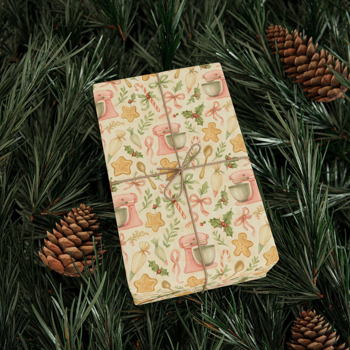 Christmas Wrapping Paper, Holiday Baking Kitchen Gift Wrap, Pink Mixer Gingerbread Candy Cane Theme, Festive Ribbons, Pastel Tone, Cottage