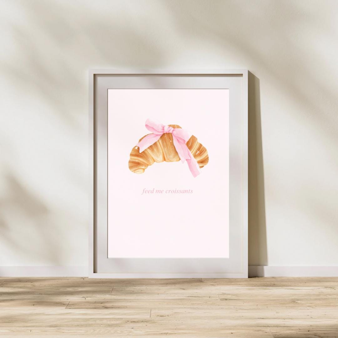 Croissant with Pink Bow Digital Download Poster | Cute Coquette Pink Trend Art | Breakfast Lover Wall Decor | Cute French Coffee Shop Decor