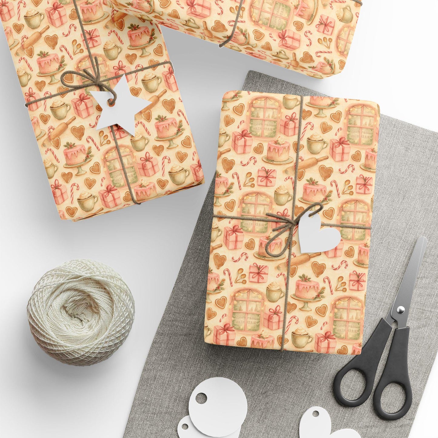 Cozy Baking Christmas Wrapping Paper, Holiday Gift Wrap with Cakes and Cookies, Pink Kitchen Watercolor Wrapping Paper