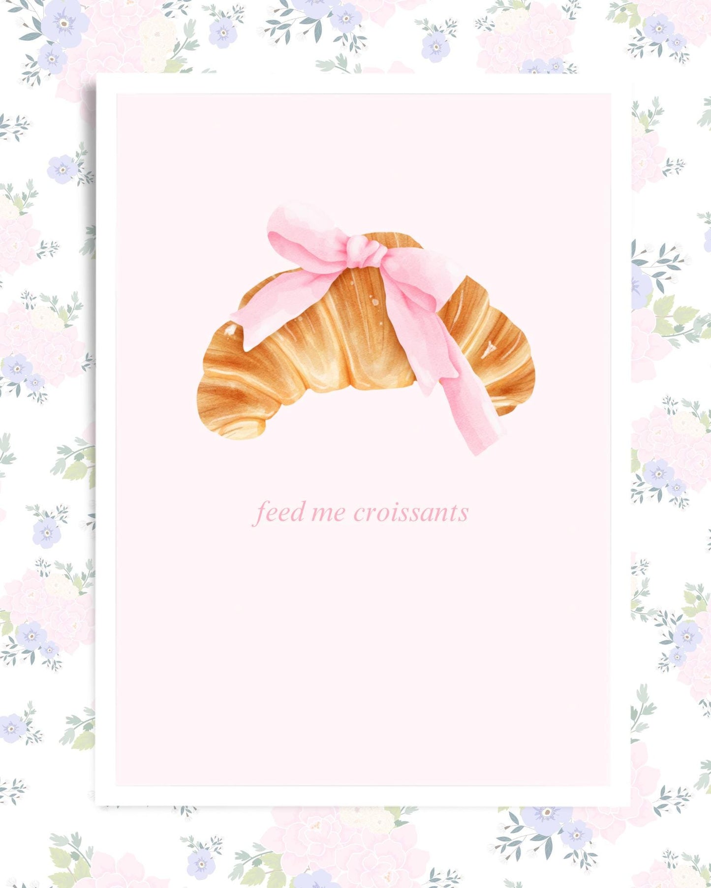 Croissant with Pink Bow Digital Download Poster | Cute Coquette Pink Trend Art | Breakfast Lover Wall Decor | Cute French Coffee Shop Decor