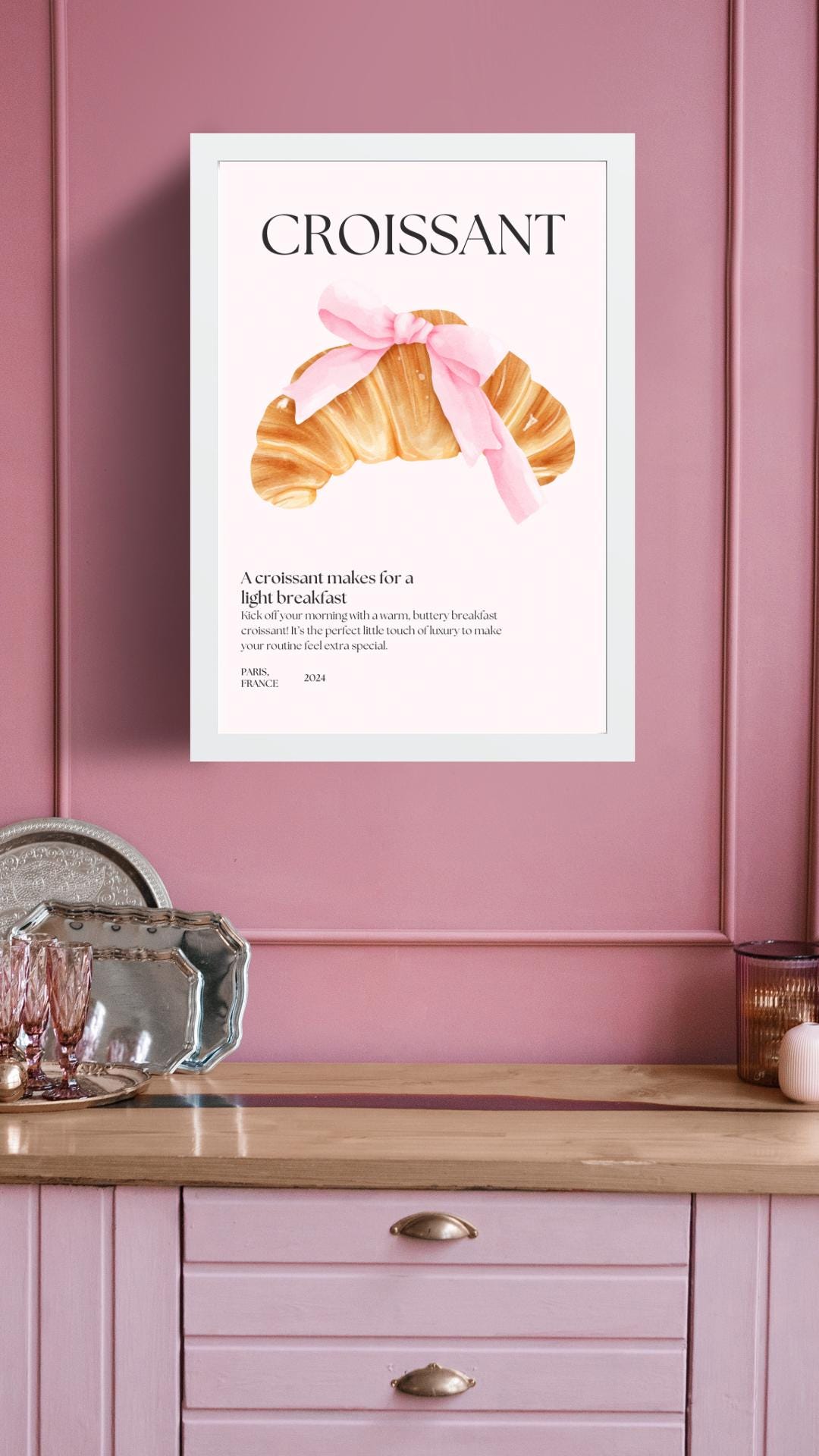 Cute Croissant Pink Bow Quote | Digital Download Art | Coquette Pink Trend Art | Breakfast Lover Wall Decor | Cute French Coffee Shop Decor