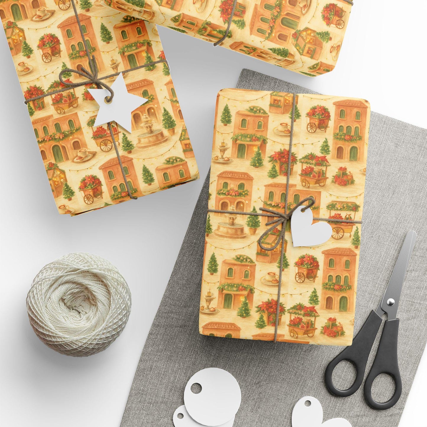 Tuscan Christmas Wrapping Paper, Cozy Italian Village Holiday Gift Wrap with Cafés and Christmas Trees, Warm Watercolor Wrapping Paper
