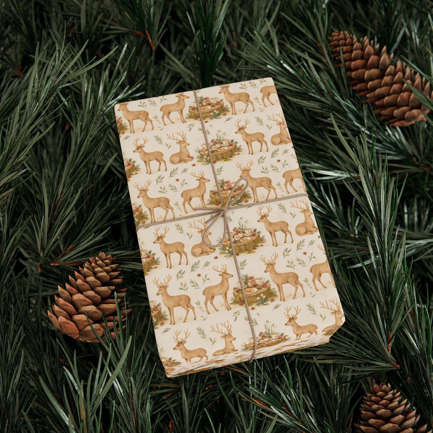 Woodland Deer Christmas Wrapping Paper, Rustic Holiday Gift Wrap with Forest Animals and Pine Leaves, Neutral Watercolor Wrapping Paper