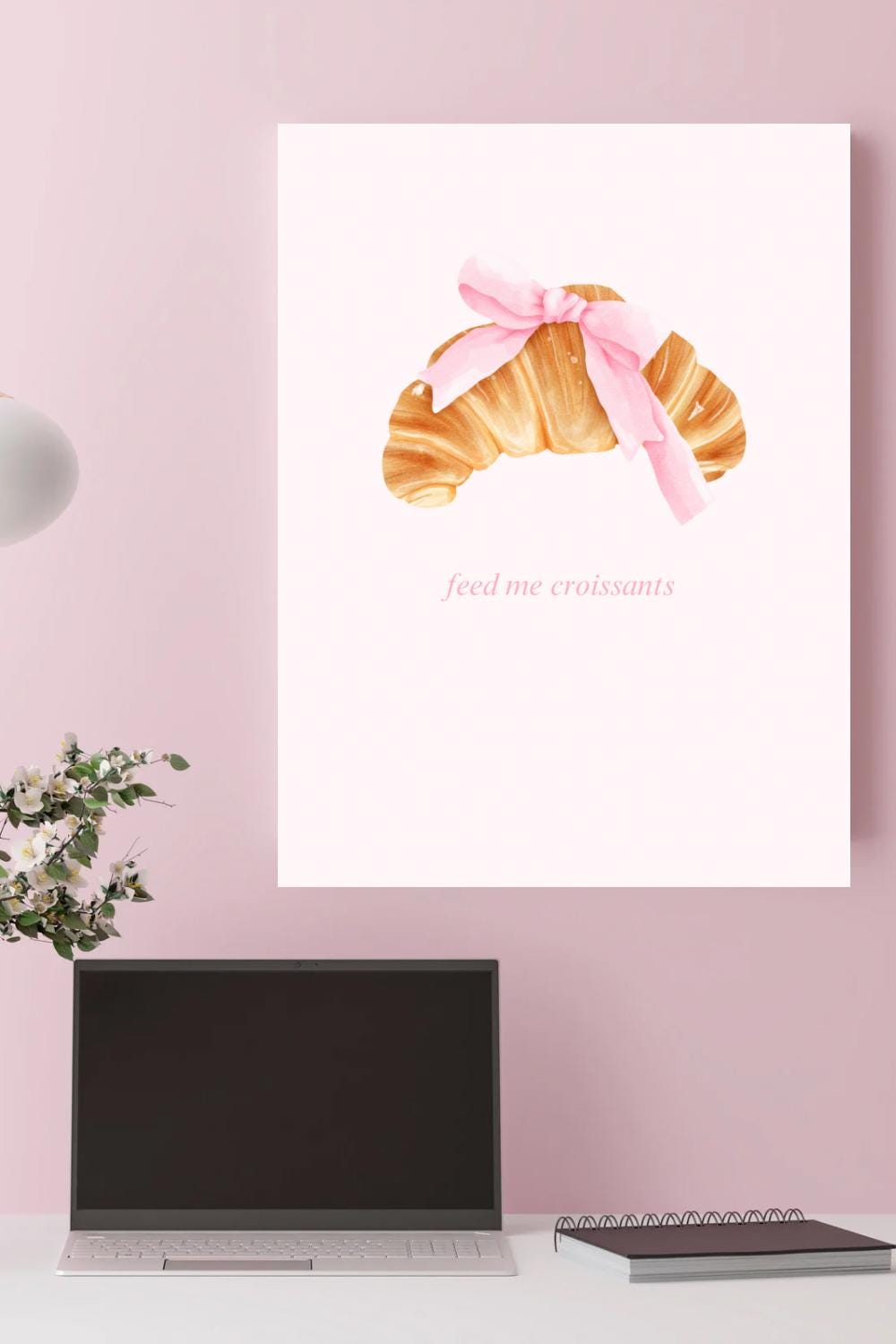 Croissant with Pink Bow Digital Download Poster | Cute Coquette Pink Trend Art | Breakfast Lover Wall Decor | Cute French Coffee Shop Decor